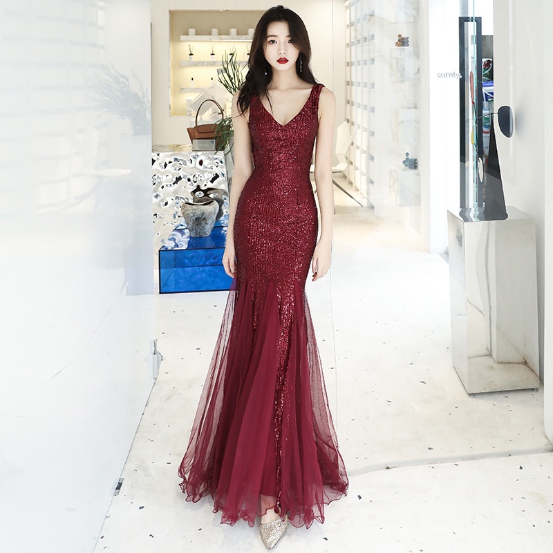 red dress new sexy sequin fishtail model host slim fashion long banquet evening dress