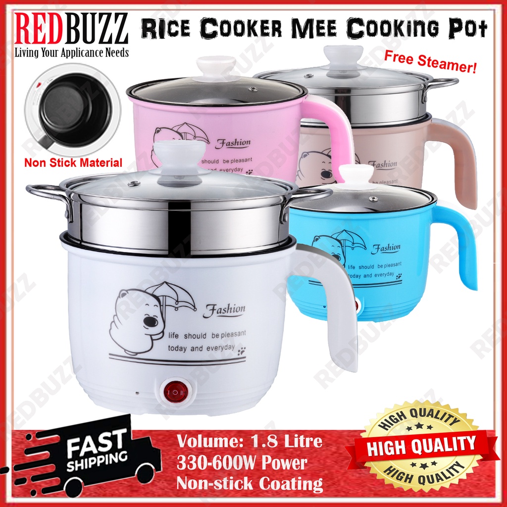 REDBUZZ 1.8L Non Stick Electric Pot /Mini Rice Cooker With Steamer Frying Pan Electric Cooker Cooking Pot Periuk Nasi