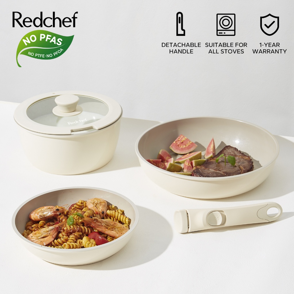 Redchef Nonstick Ceramic Rock Cookware Set Handle Removable (5Pcs) Non Toxic, PFAS& PTFE& PFOA Free - Frying Pan(26+20cm)+Saucepan(20cm) Suitable for All Stoves(Gas, Electric & Inductio