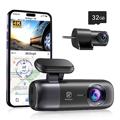 REDTIGER Dash Cam 4K Front and Rear 1080P, WiFi GPS Car Camera with Free 32GB SD Card, Dual Dash Camera for Cars, Loop Recording, Night Vision, Parking Mode, Smart App Control, Support 256GB Max