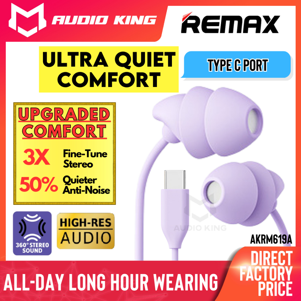 REMAX Mini Type C Laptop In Ear Sleep Samsung Earphone Stereo Bass Original Pink Purple USB C With Microphone AKRM619A