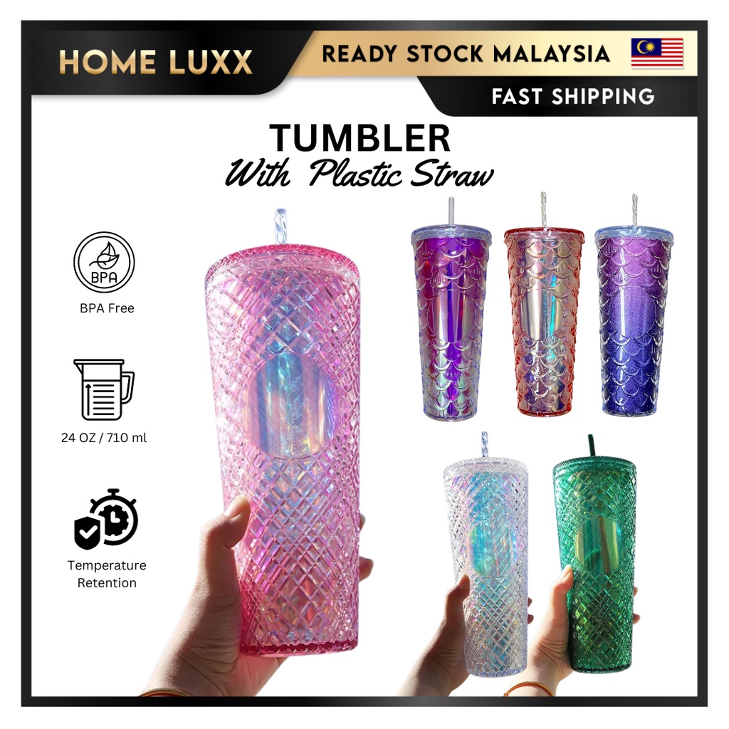 Reusable Tumbler Cup With Straw Studded/Crystal/Mermaid Series Stainless Steel ABS Coffee Water Bottle 20/24oz