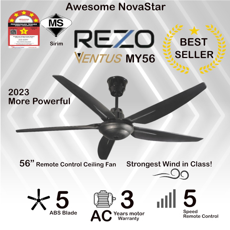 REZO VENTUS MY56 DC NEW 2024 CASTA 56” DC motor 9 Speed Remote Control 5 Blades Ceiling fan / Kipas Siling Kipas Syiling