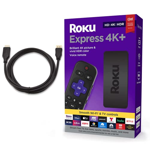 Roku Express 4K+ 2021 Streaming Media Player with Smooth Wireless Streaming and Roku Voice Remote with TV Controls, Includes Premium HDMI Cable & Bundled with Swanky Cables 6FT HDMI Cable