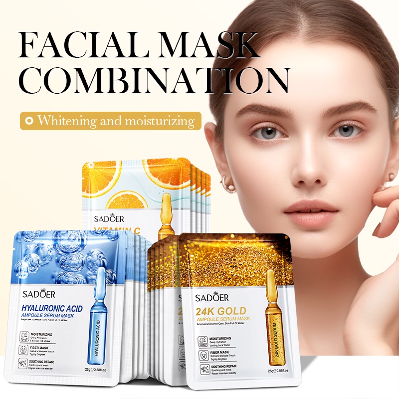 ROREC SADOER Vitamin C 24K Gold Hyaluronic Acid Ampoule Serum Facial Mask Moisturizing Hydrating Brightening Mask