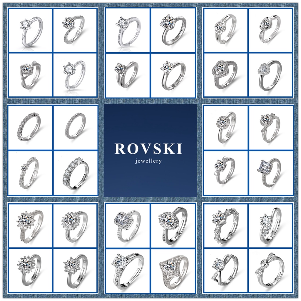 ROVSKI Jewelry 50 Designs Cincin Silver 925 Original Cincin Perak Perempuan Women Adjustable Ring Shine Diamond Rings