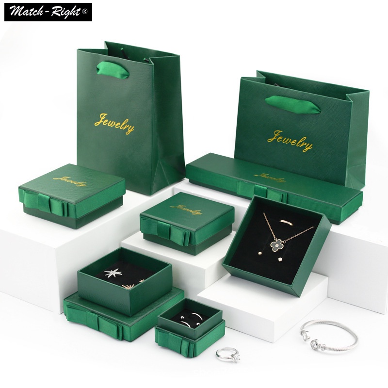 Royal Green Luxury Gift Box Side Ribbon with Sponge Hard Paper Box Jewelry Storage Case Bowtie Boxes for Earring Necklace Bracelet Ring / Gift Bag individually for sale