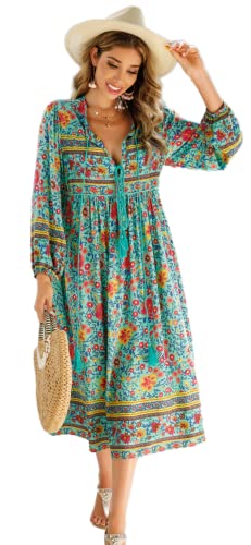 R.Vivimos Women's Long Sleeve Floral Print Retro V Neck Tassel Bohemian Midi Dresses (Large, Green)