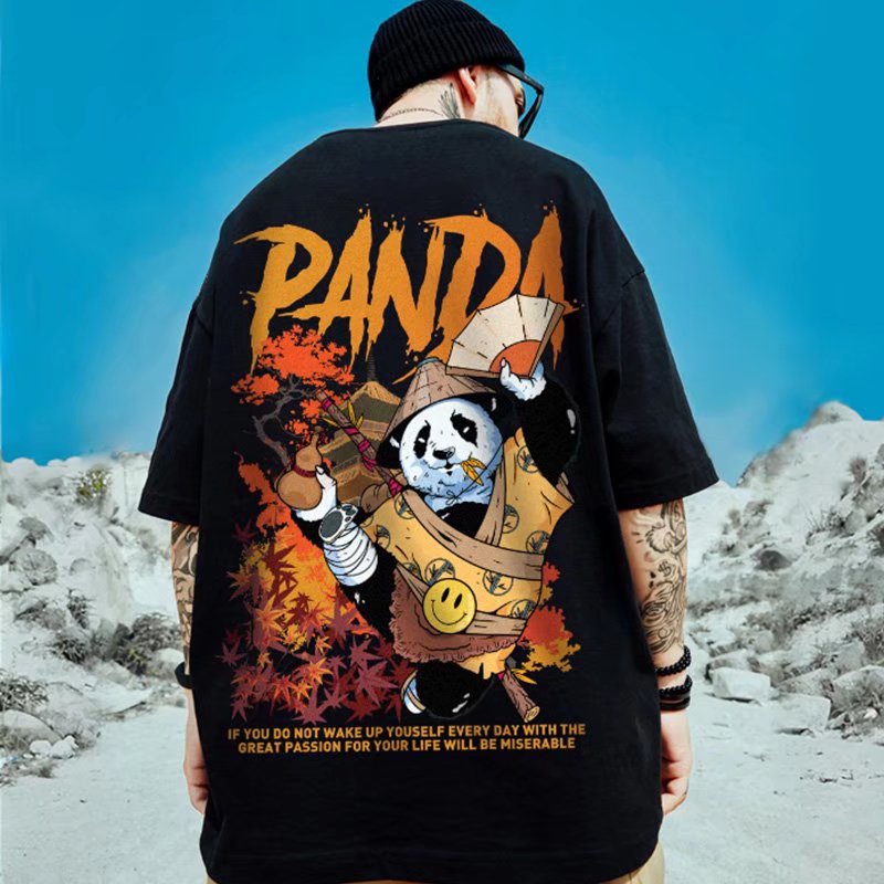 S-8XL Lovers wear national tide Chinese style cartoon kung fu panda print short-sleeved T-shirt men and women ins trend personality hip-hop oversize loose wild five-point sleeves