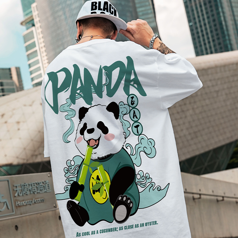 S-8XL National tide Hong Kong style panda print t-shirt short-sleeved men and women tide brand large size Chinese style loose casual wild five-point sleeve couples