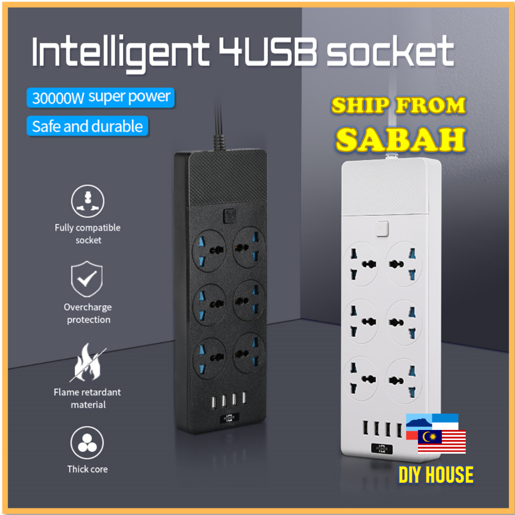 [SABAH] 250V/3000W/16A Universal Power Socket TB-T12 UK 6 Pin + 4USB Extension Plug Extension Cord Power Strip