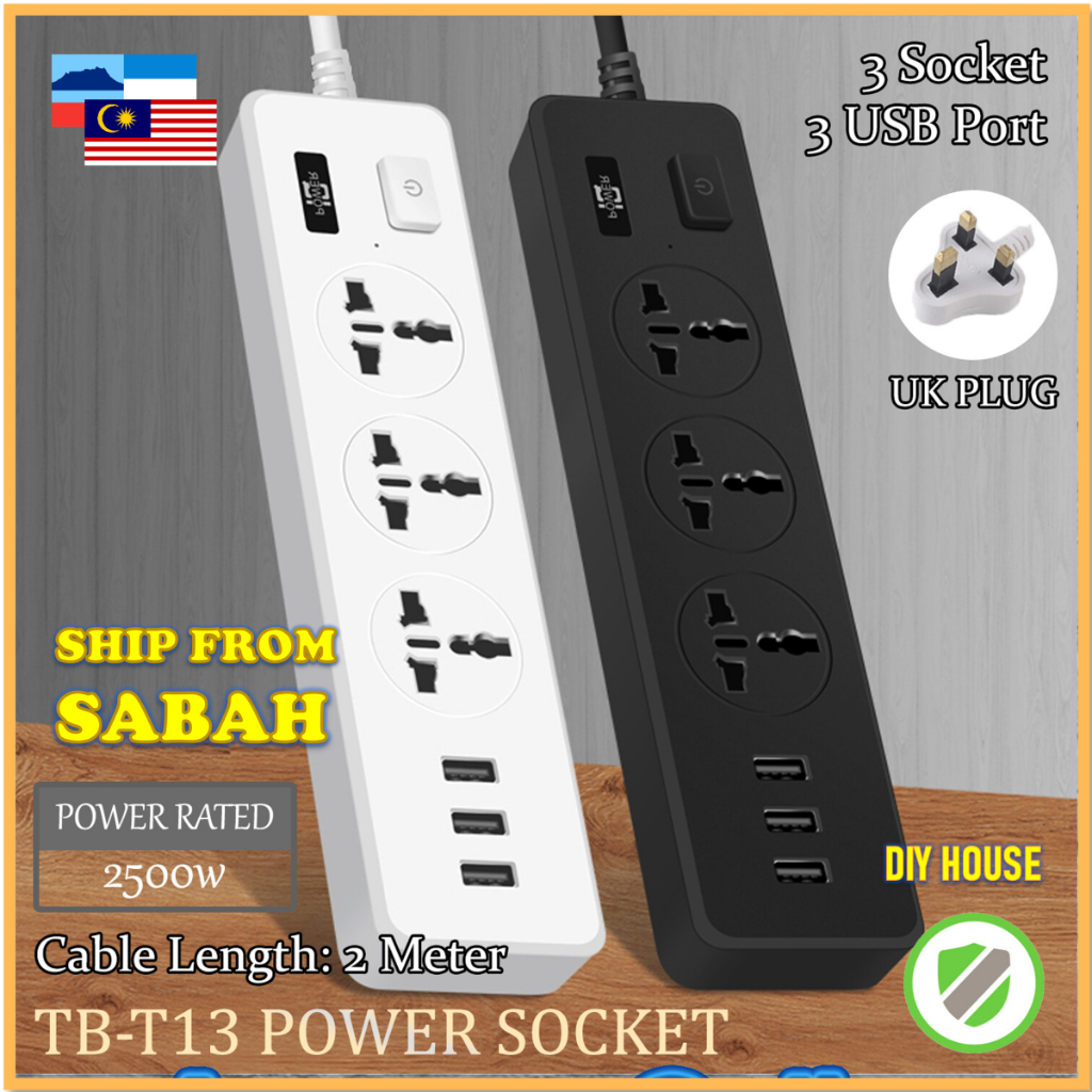 [SABAH] TB-T13 3 Socket 3 USB Power Socket Extension Cord Universal Power Extension UK Plug Electric Socket Household