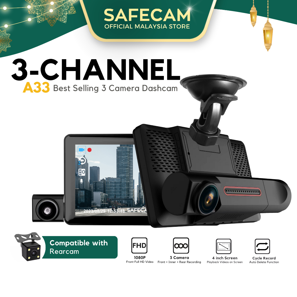 SAFECAM A33 Triple Lens 3 Camera 1080P Dashcam Front Cam + Inner Cam + Rear Cam (4")