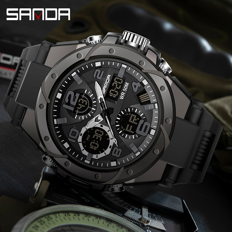 SANDA Waterproof Men Watch Sports Luxury Quartz LED Multifunction Swimming Military Mens Watch 6008