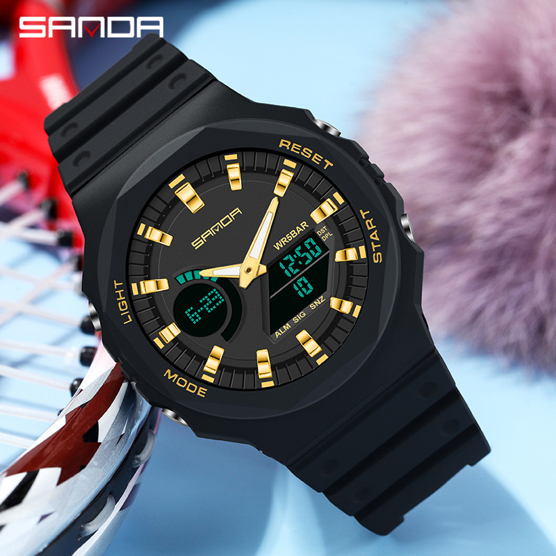 Sanda Women Watch Luxury Fashion Multifunctional Luminous Women Watch Dual Display Sports Watch 6016-6