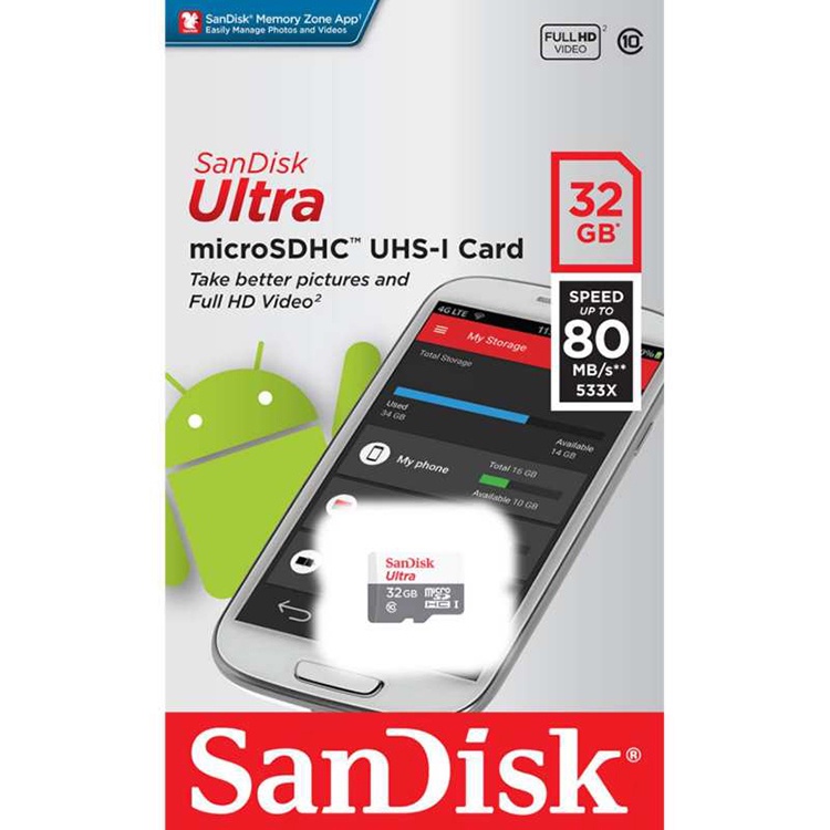 SanDisk Ultra C10 microSDHC UHS-I Memory Card (100MB/s/32GB)