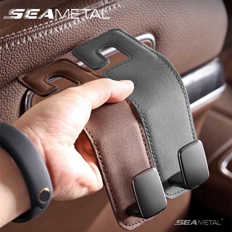 SEAMETAL Car Seat Headrest Hook - Luxury Leather and Metal Hanger for Car Back Seat Storage - Foldable Hidden Hook for Universal Interior Accessories