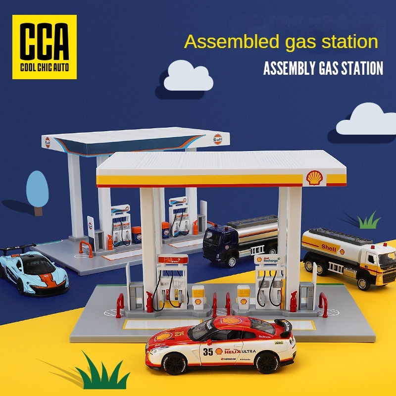 Shell Oil Gas Station Assembly Playset With Nissan GT-R R35 and Volvo Truck Oil Tanker Model Toy Car