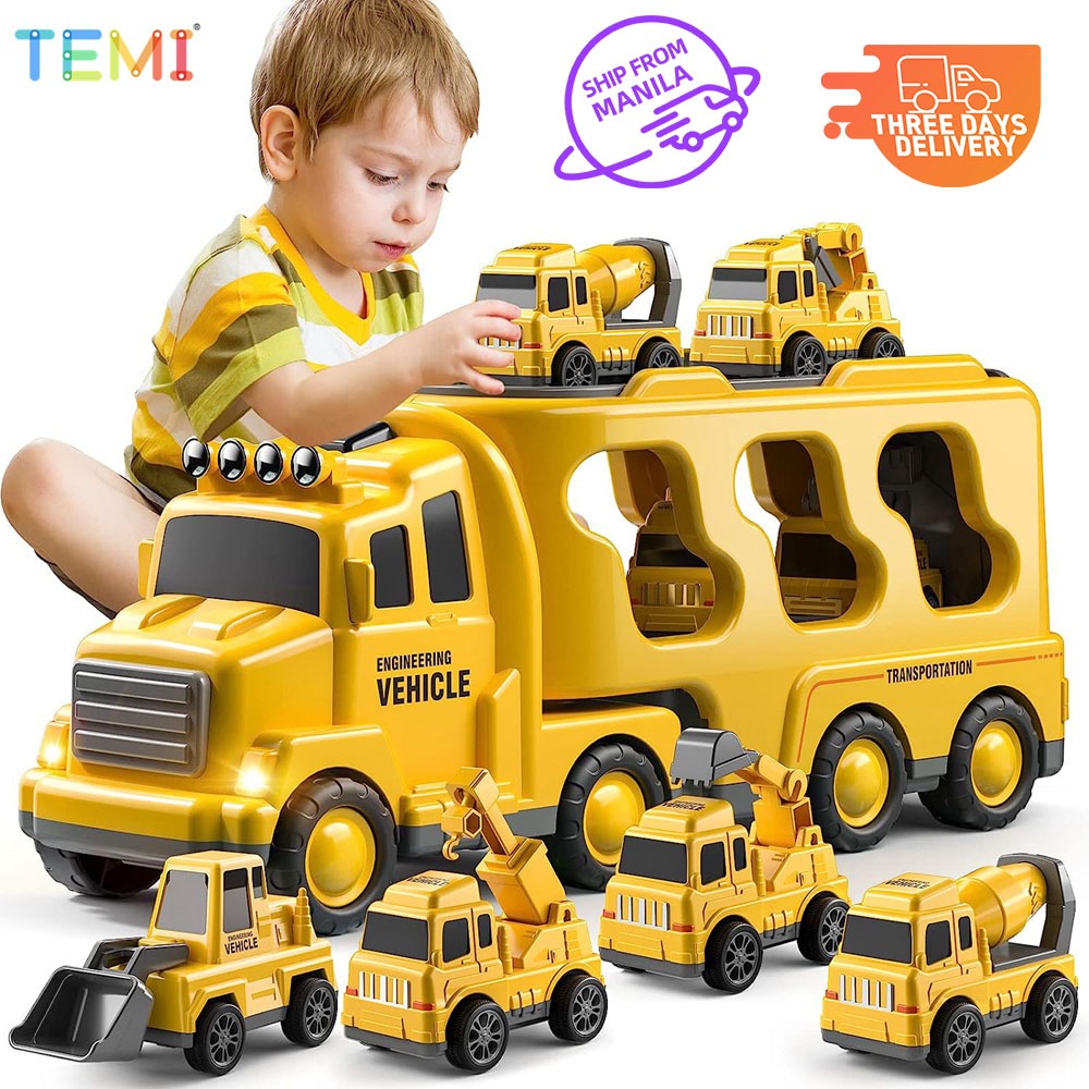 ⭐ Shipping from Malaysia ⭐TEMI 5 in 1 Diecast Carrier Truck Toys Cars Engineering Vehicles Excavator Bulldozer Truck Model Sets Kids Educational Boys For Toys