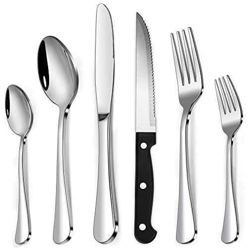 Silverware Set, PUREAIN 48 Pieces Silverware Set with Steak Knives for 8, Stainless Steel Flatware Set for Home, Kitchen, Restaurant and Hotel, Mirror Polished Cutlery Set, Dishwasher Safe