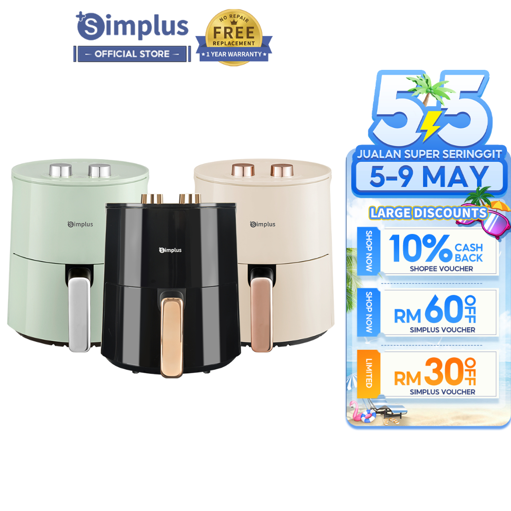 Simplus Air Fryer 4.5L 1300W 6 Preset Menus 30min Preset Timer 80-200℃ Temperature Control 3 Color Double Knobs