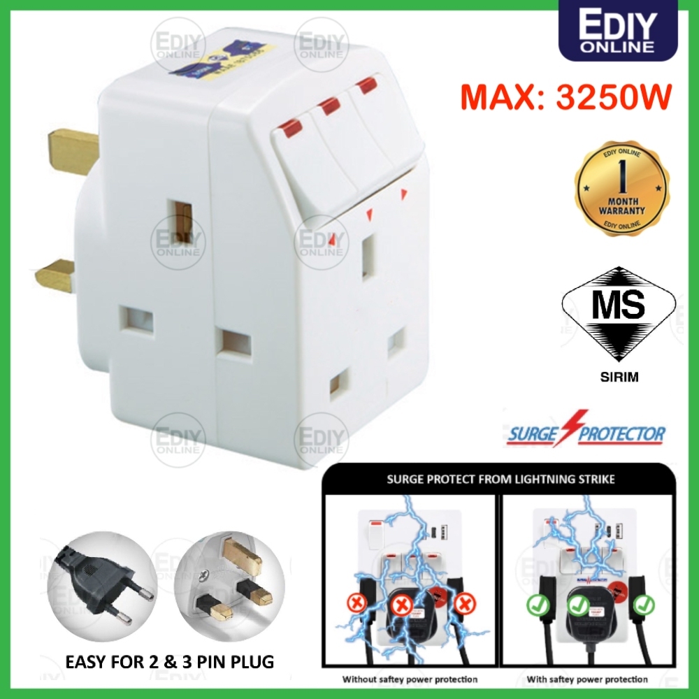 【 SIRIM 】 3 WAY ADAPTOR ADAPTER SWITCH SOCKET NEON OUTLET PLUG EXTENSION WALL HOLDER UNIVERSAL MULTI CHARGER UK SURGE