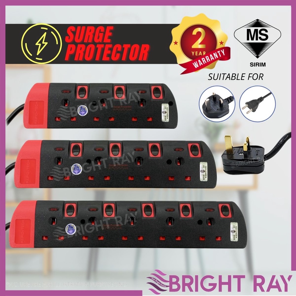 [SIRIM]BLACK SERIES 3, 4, 5 Way SURGE PROTECTOR Sleek Black Portable Extension Socket Trailing Socket Extension Plug