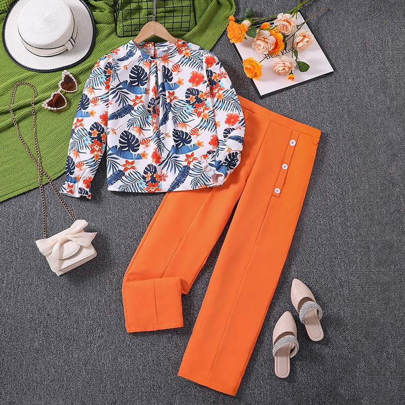 SIYYIS Sets Kids Girls 8-12 Years Girls Sets Orange Color Printed Blouse & Pants 2 Pcs Sets Preteen Girls Elegant Outfit Leisure Clothes Kids Suits Festival Party Clothes Baju Budak Perempuan Baju Baby Girl Baju Raya Budak Perempuan Blouse Budak Perempuan