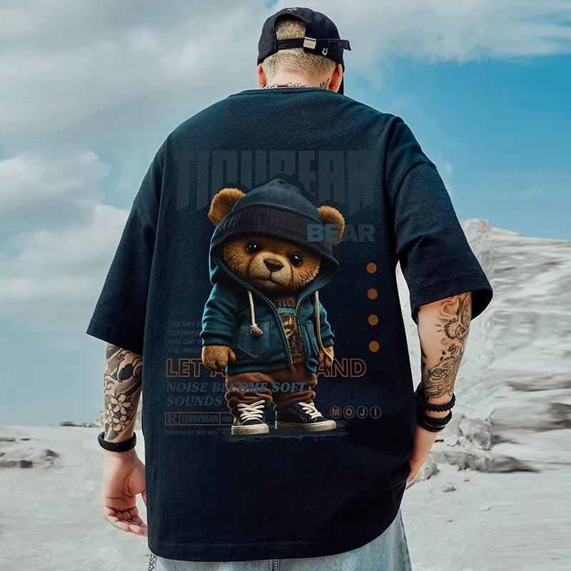 【Size M-8XL】Men T Shirt Cotton Pullover Oversize Short Sleeve Plus Size Tshirt American Vintage Trendy Bear Print T-shirts Oversized Half Sleeves Youth Tees