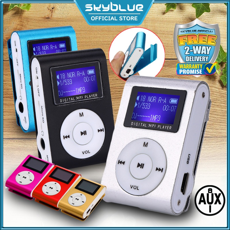 SkyBlue Mini Cube MP3 Player w Display Rechargeable Portable Music Walkman with USB Cable & Earphones Support TF-Card