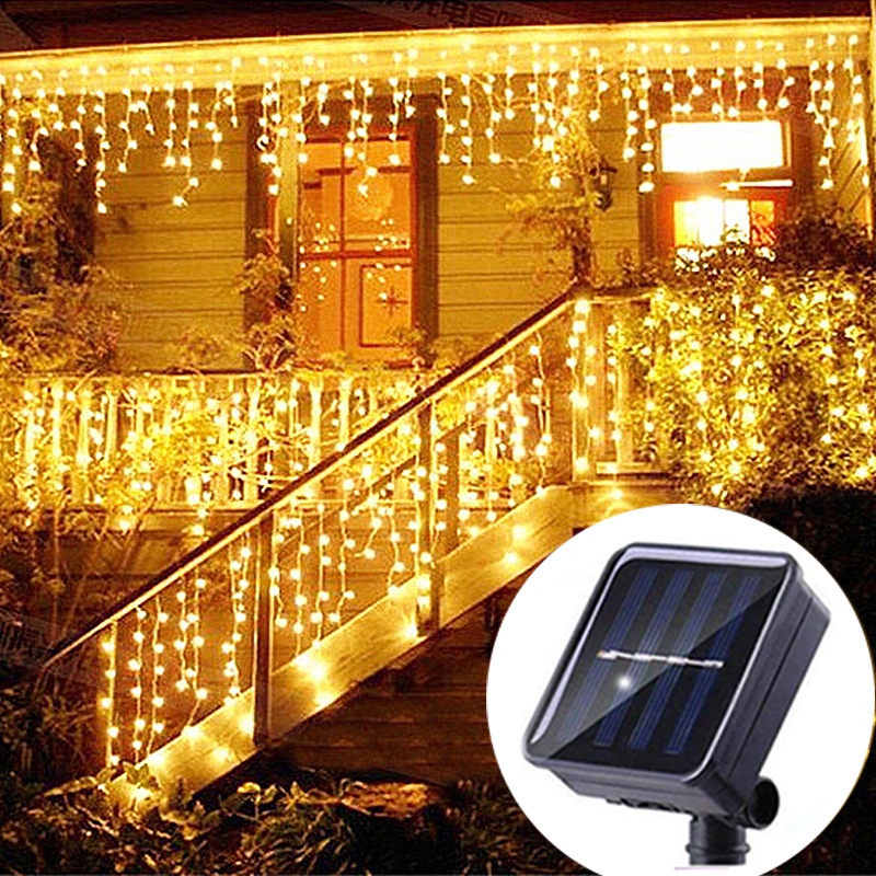 Solar Icicle Light Fairy String Lights Eaves Decor with 16Drops for Outdoor Curtain Wedding Party Hallowee Stair Decor