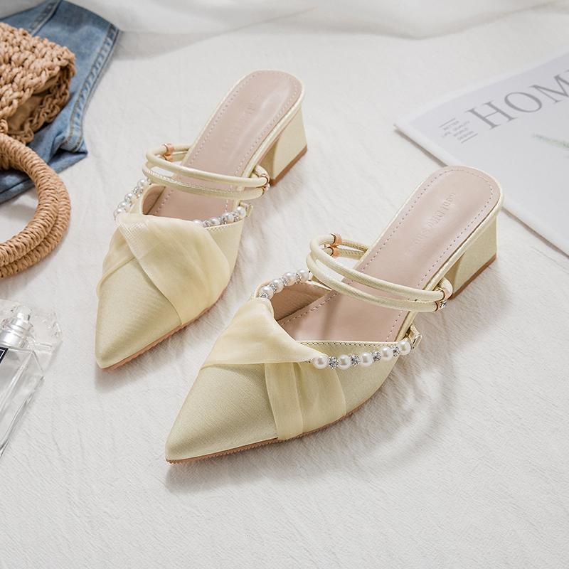 Spring And Summer New High-Heeled Shoes Women S French Style Half-Drag Fairy Two-Wear Sandals Baotou Pointed Toe Thick-H