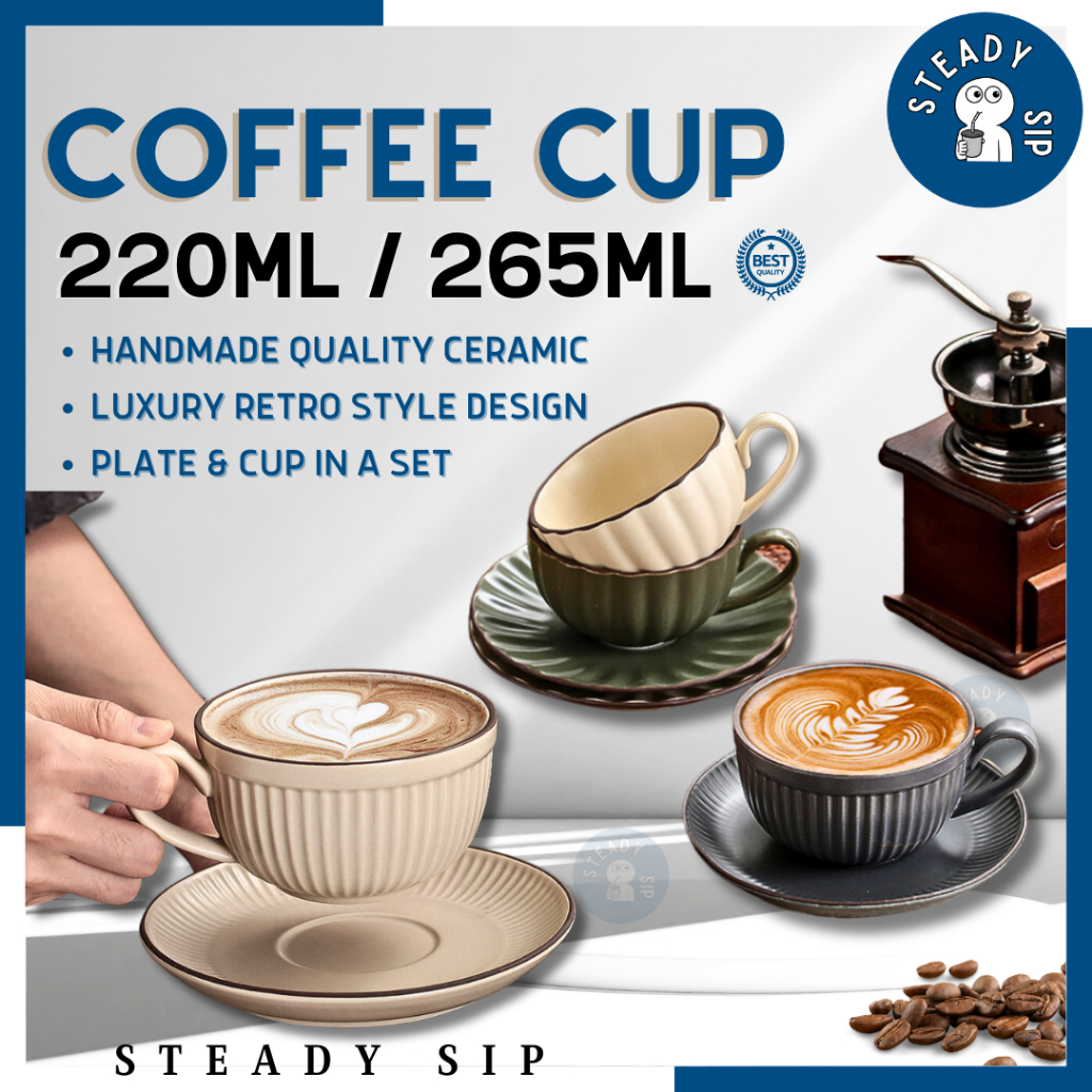 Steady Sip Vintage Ceramic Cup Coffee Cup Saucer Espresso Latte Cup Ceramic Thick 300ml with Saucer 陶瓷咖啡杯碟 Cawan Kopi