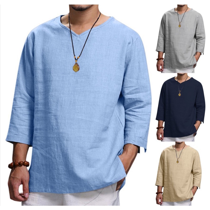 Summer New Men's Thin Cotton Loose Casual Pullover V-neck Three-quarter Sleeve Polo Shirt Plus Size Black, Light Blue, Khaki, Navy Blue, Gray, Beige