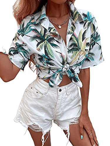 SweatyRocks Women's Short Sleeve Cute Print Button Down Shirt Tops Tropical White S