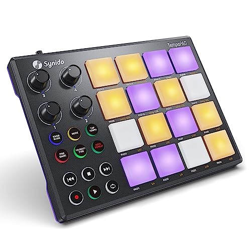 Synido MIDI Pad Beat Maker Machine with 16 RGB Beat Pads, USB Ultra-portable Mini MIDI Pad Controller with Backlit Drum Pad, 4 Assignable Knobs, for Beginner Music Production, TempoPAD, Black