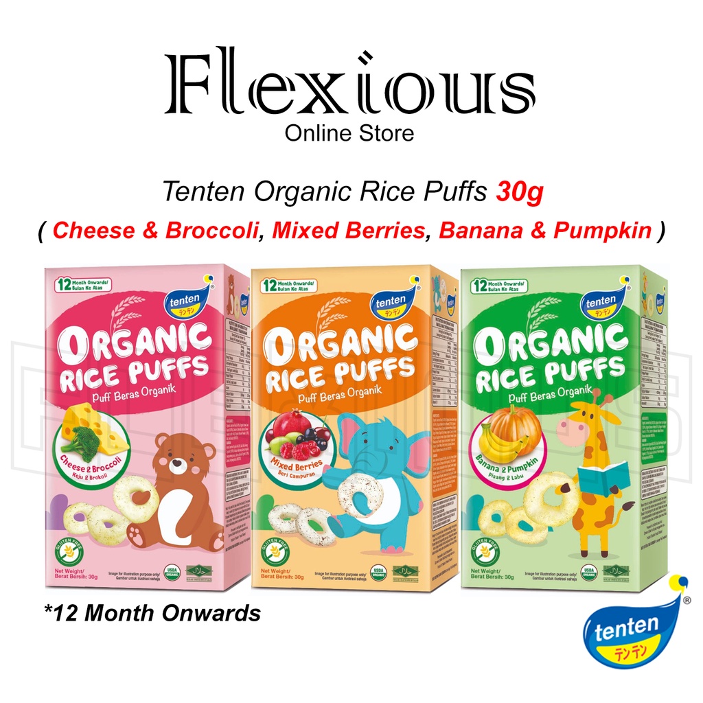 *TENTEN* Organic Rice Puffs 30g ( 12 Months+ ) - ( Cheese & Broccoli ), ( Mixed Berries ), ( Banana & Pumpkin )