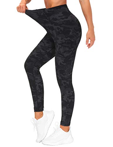 THE GYM PEOPLE Women's High Waist Yoga Pants with Pocket Tummy Control Hiking Leggings for Workout, Running (Black Camo, Large)