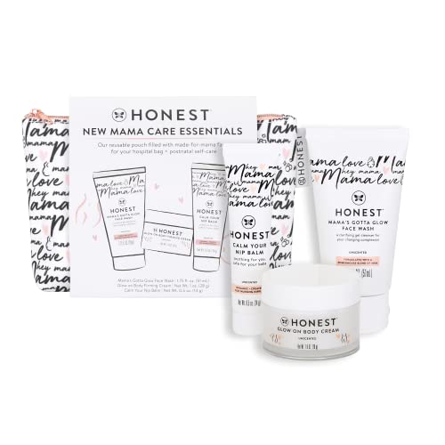 The Honest Company New Mama Care Essentials Gift Set | Hospital Bag Must Haves | Travel Size Nip Balm (0.5 oz), Glow On Body Cream (1 oz), Gotta Glow Face Wash (1.75 fl oz), Reusable Pouch