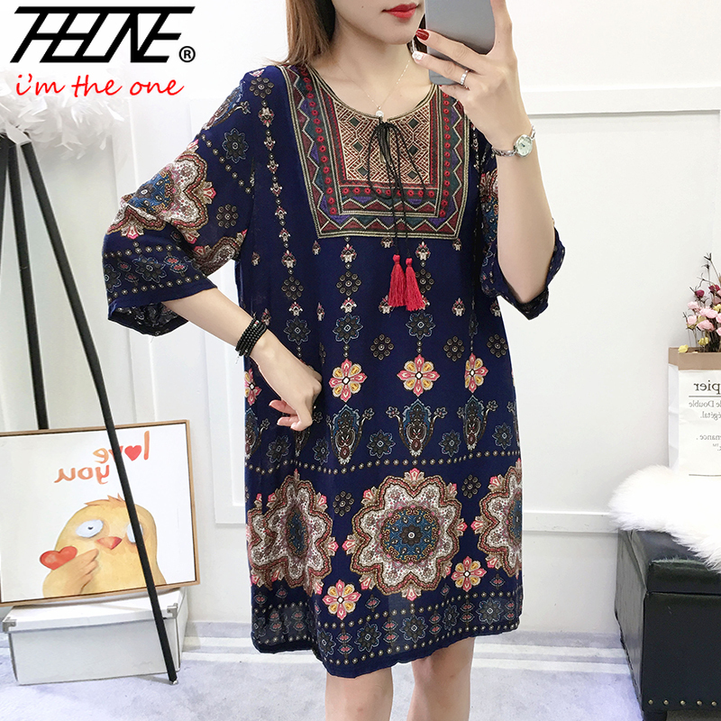 THHONE Women's Clothing Women Indian Dress Plus Size Oversize Ready Stock New Summer Female Loose Print Vintage Causal B