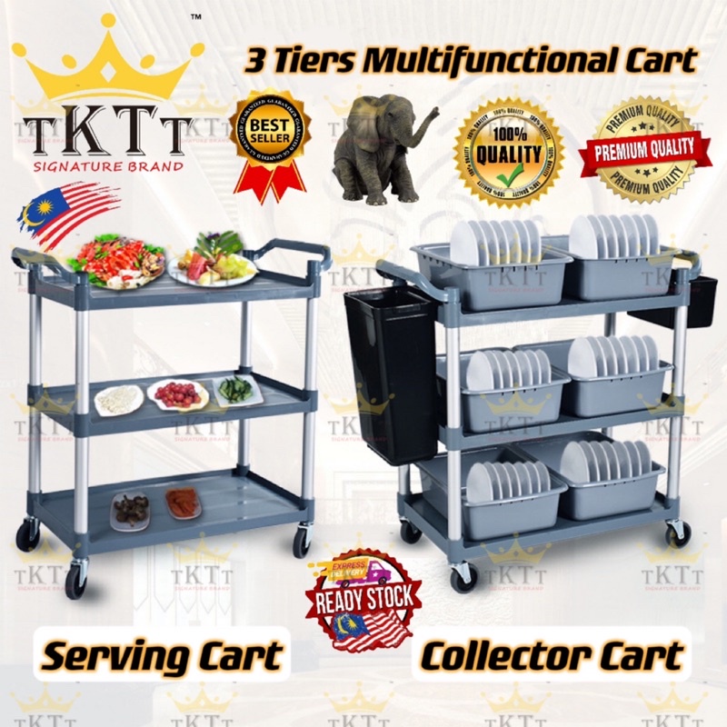 TKTT ™️ 3 Tiers Plastic Multifunctional Cart Food Court Trolley Restaurant Cleanning Collector Utility Troli Serbaguna