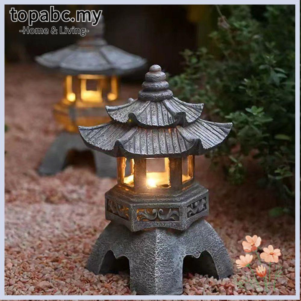 TOPABC Palace Lanterns Handmade Craft Zen Ornaments Resin Solar Powered Stone Pagoda Lantern