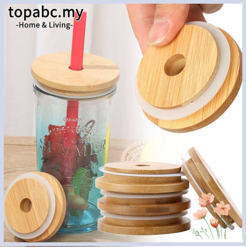 TOP Reusable Mason Jar Lid Smoothies Canning With Straw Hole Bamboo Wood Lids Silicone Seal Ring Eco Friendly Covers Caps Storage Bottles Wide Mouth Cup