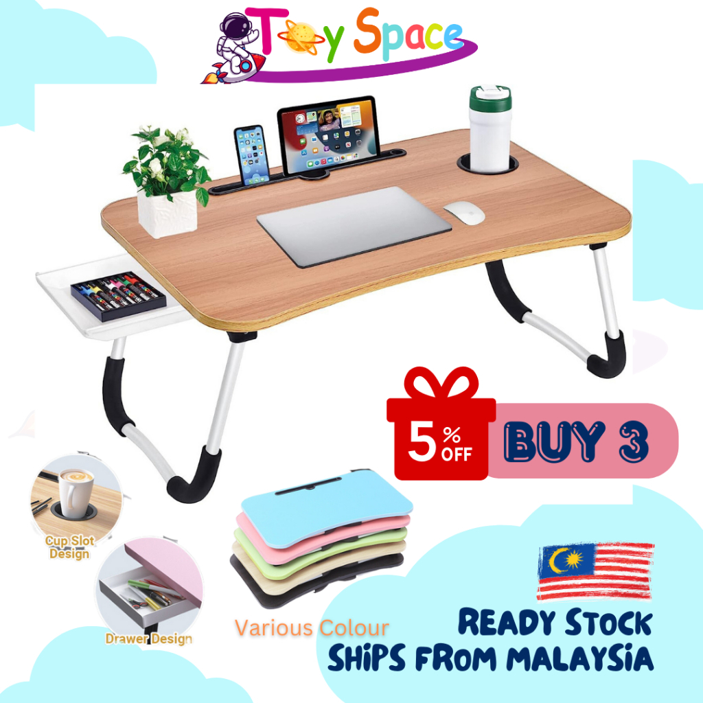 TOYSPACEFoldable Anti-slip Laptop Study Table Drawer Notebook Multipurpose Portable Computer Desk Meja Lipat Serbaguna