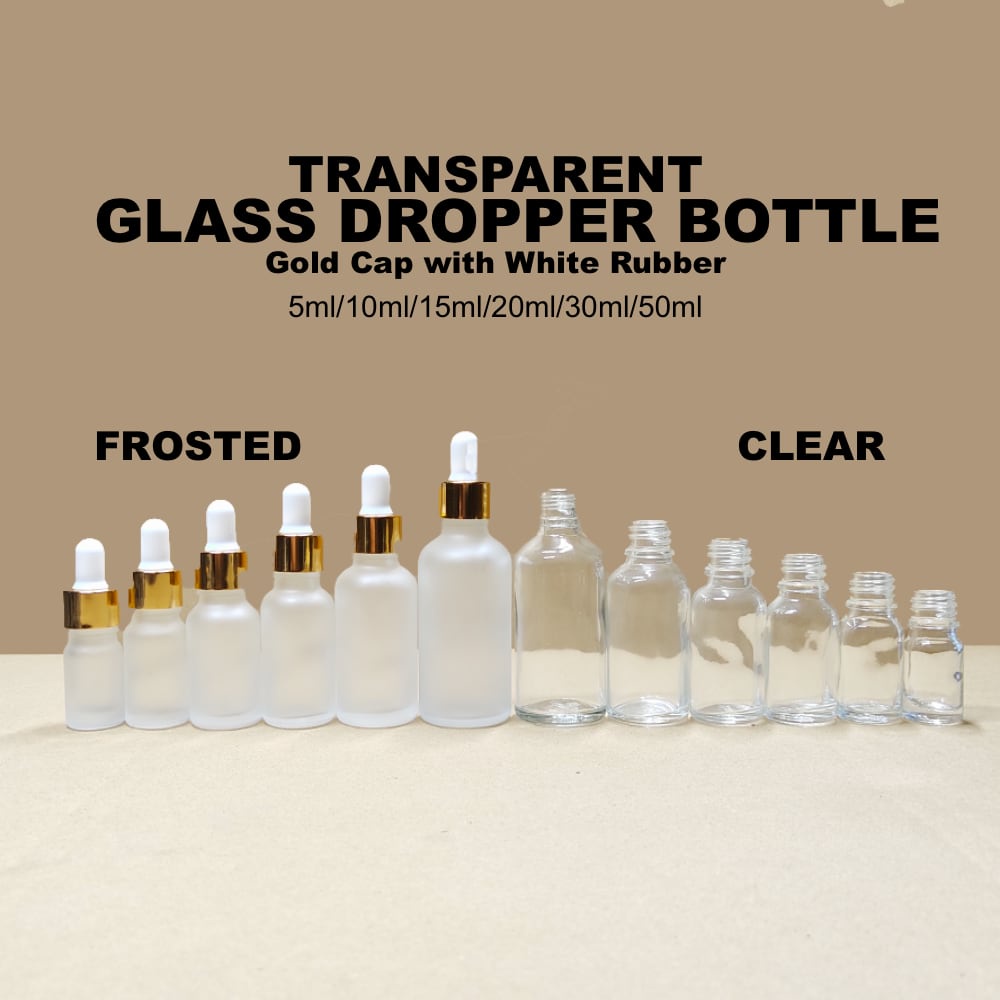 Transparent FROST Glass Bottle Dropper for Serum Gold Cap/Aromatherapy Oil/Essential Oil (5ml/10ml/15ml/20ml/30ml/50ml)