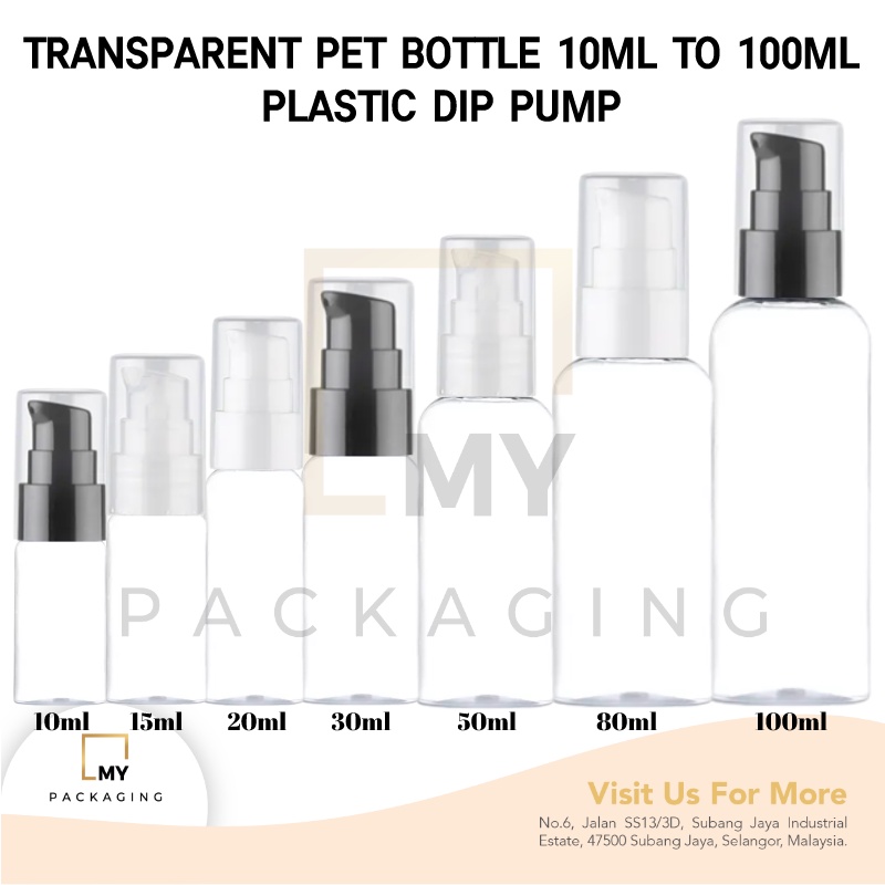 Transparent Pet Bottle 10ml to 100ml with Plastic Dip Pump for toner shower shampoo and beauty products cosmetic bottle