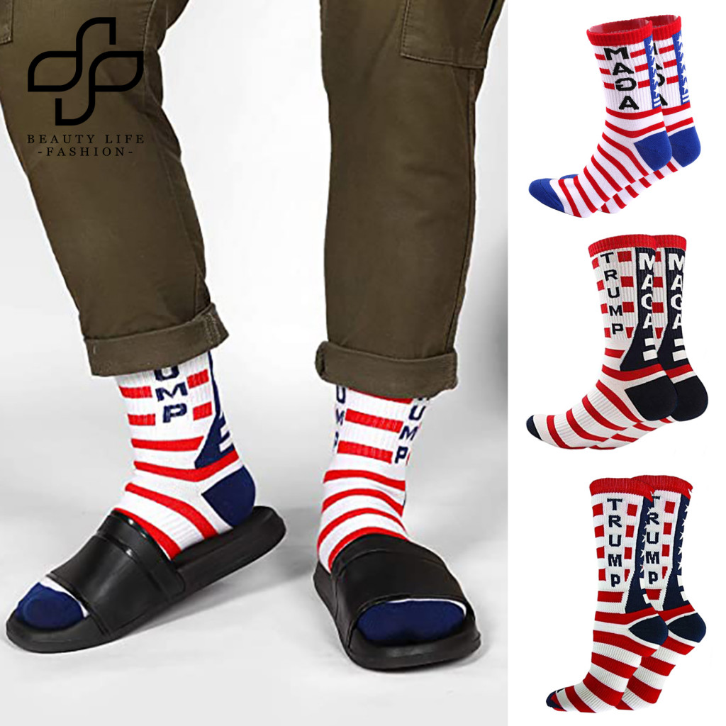Trump Supporter Socks Political Statement Socks Trump Color Matching Striped Mid-tube Socks Soft Breathable and Anti-slip Unisex Sports Socks for All Seasons