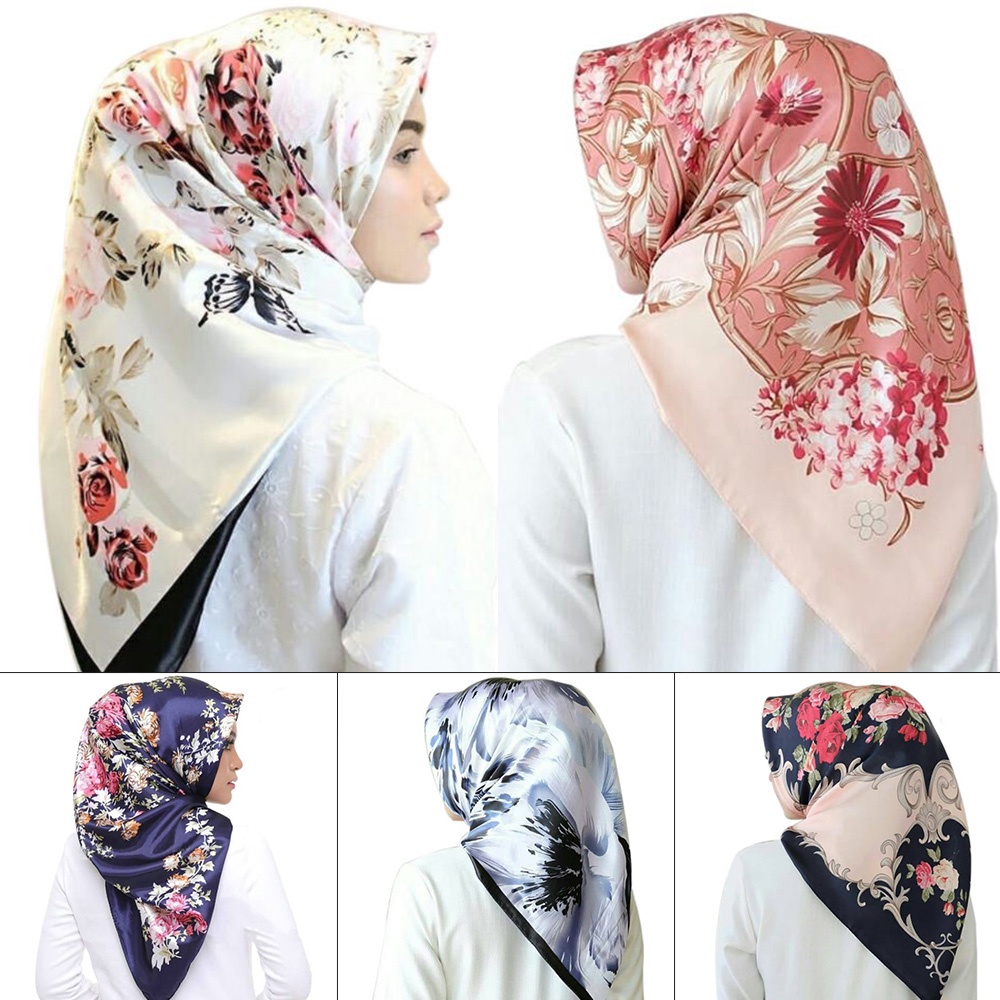 Tudung satin silk corak scarf pattern tudung bawal bidang 43 printed hijab ready stock Malaysia 90x90cm-erynna