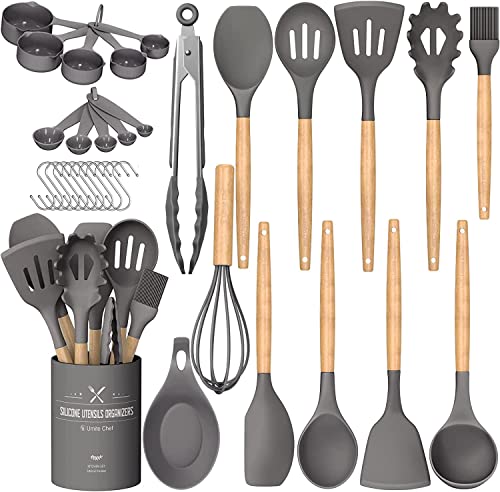 Umite Chef Kitchen Cooking Utensils Set, 33 pcs Non-stick Silicone Spatula Set with Holder, Woodle Handle Heat Resistant Gadgets Utensil (Gray)