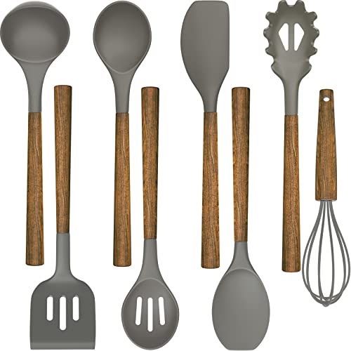 Umite Chef Silicone Cooking Utensil Set, 8-Piece Kitchen Utensils Set with Natural Acacia Wooden Handles,Food-Grade Silicone Heads-Silicone Kitchen Gadgets and Spatula Set for Nonstick Cookware - Grey